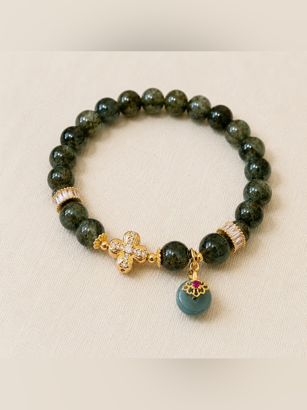 Handmade Natural Green Hair Quartz Bracelet | Flower with jade dangle for 1items